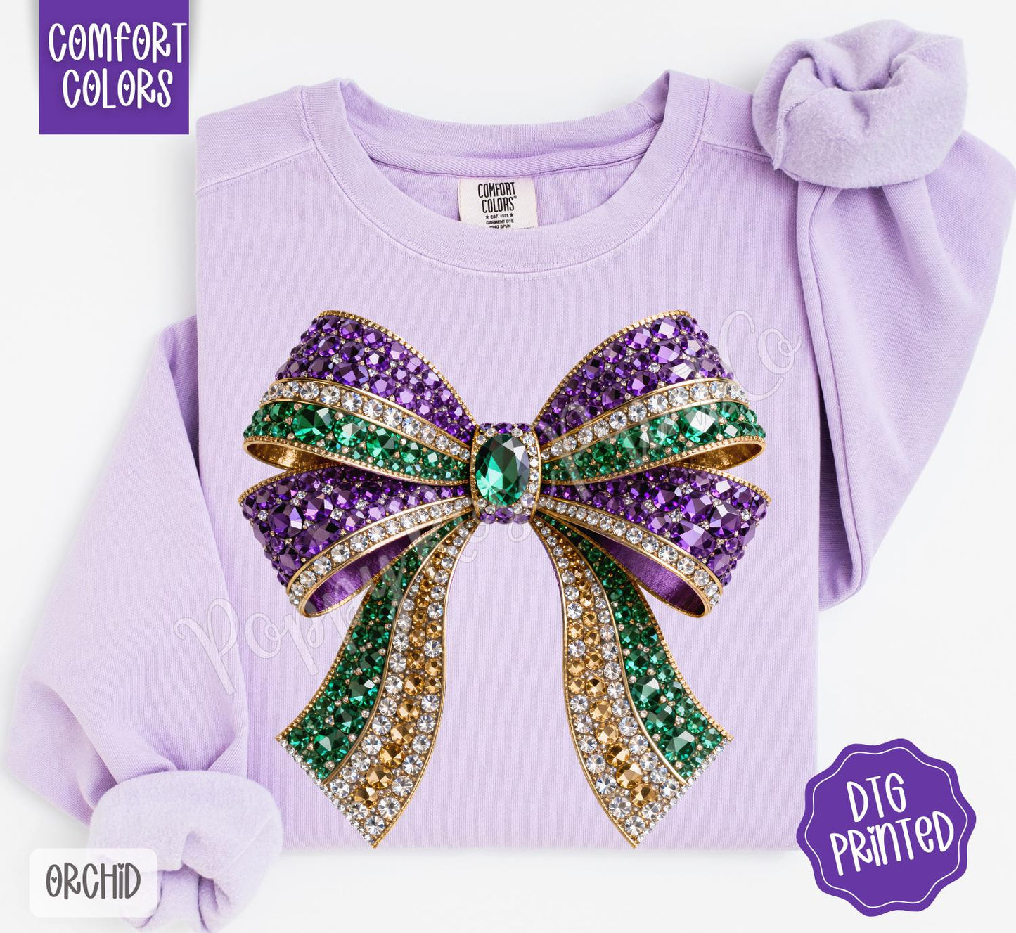 Faux Rhinestone Mardi Gras Bow Sweatshirt, Mardi Gras Festival Sweater, Coquette Mardi Gras Crewneck, Fat Tuesday Sweatshirt