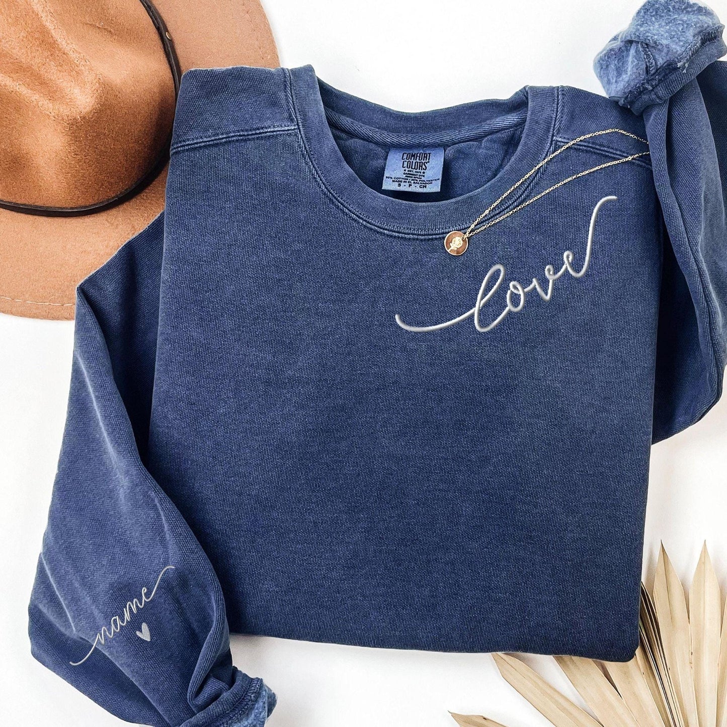 Comfort Colors Custom Love Embroidered Sweatshirt With Name On Sleeve, Personalized Embroidery Valentines Day Gift