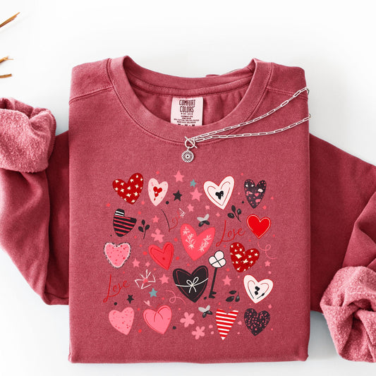 Valentine’s Day Sweatshirt, Hand Drawn Hearts Collage Sweater, Pink Red Love Doodle Sweatshirt, Cute Romantic Gift, Cozy Valentine Crewneck