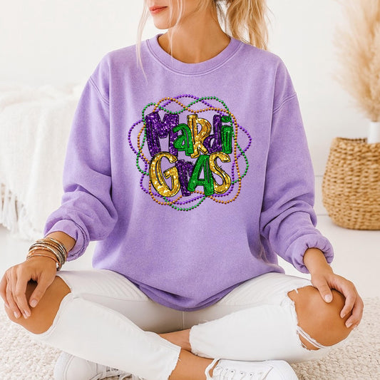 Mardi Gras Shirt Faux Glitter Sweatshirt, Carnival Beads Crewneck, Faux Sparkle Mardi Gras Sweatshirt, Festival Party Sweater