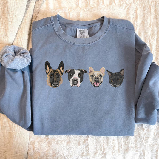 Custom Embroidered Pet Portrait Comfort Colors Sweatshirt, Custom Pet Sweater, Dog Mom Crewneck, Personalized Dog Embroidery Sweater