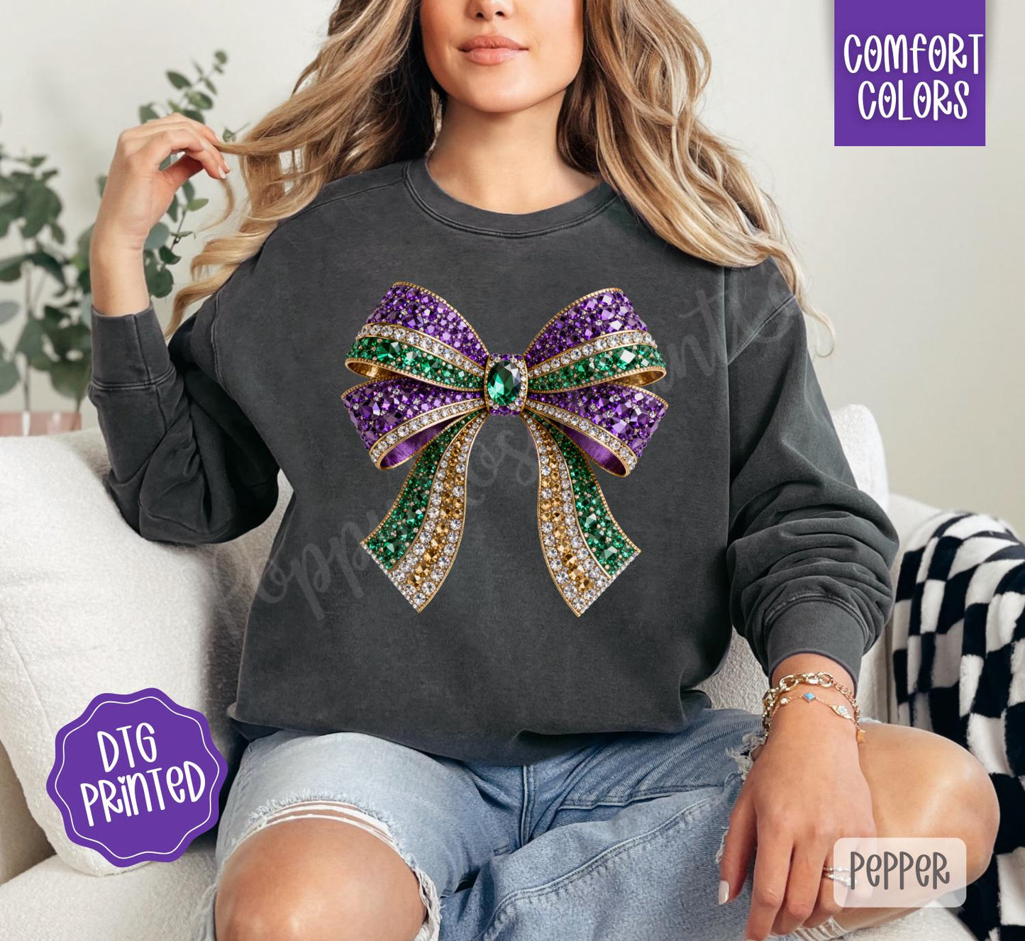 Faux Rhinestone Mardi Gras Bow Sweatshirt, Mardi Gras Festival Sweater, Coquette Mardi Gras Crewneck, Fat Tuesday Sweatshirt