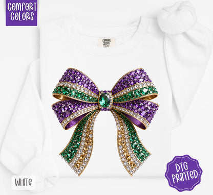 Faux Rhinestone Mardi Gras Bow Sweatshirt, Mardi Gras Festival Sweater, Coquette Mardi Gras Crewneck, Fat Tuesday Sweatshirt