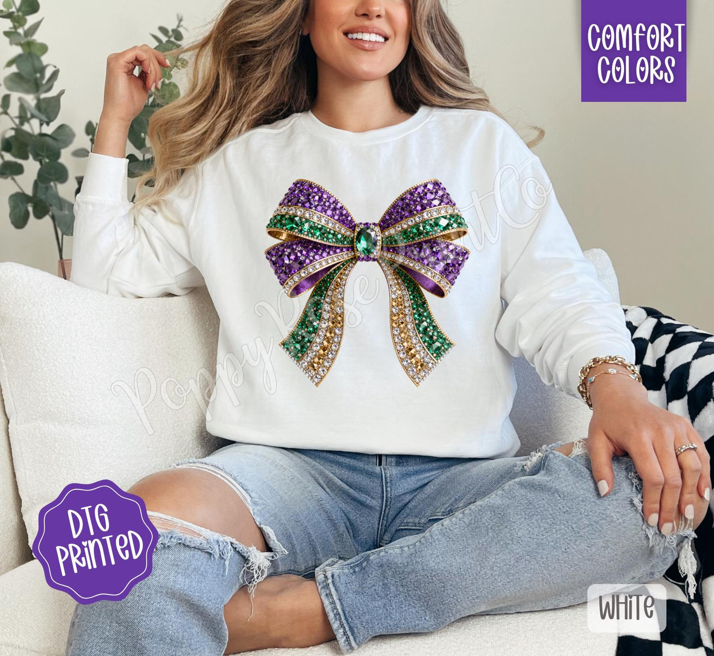 Faux Rhinestone Mardi Gras Bow Sweatshirt, Mardi Gras Festival Sweater, Coquette Mardi Gras Crewneck, Fat Tuesday Sweatshirt
