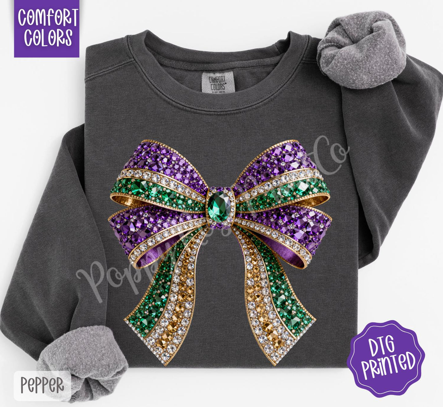 Faux Rhinestone Mardi Gras Bow Sweatshirt, Mardi Gras Festival Sweater, Coquette Mardi Gras Crewneck, Fat Tuesday Sweatshirt