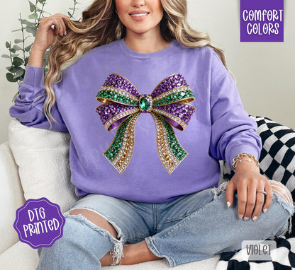 Faux Rhinestone Mardi Gras Bow Sweatshirt, Mardi Gras Festival Sweater, Coquette Mardi Gras Crewneck, Fat Tuesday Sweatshirt