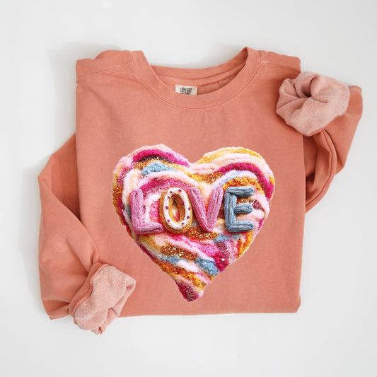 Faux Yarn Crochet Love Valentines Day Sweatshirt, Cute Valentines Sweatshirt, Womens Valentine Sweater