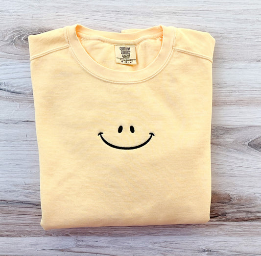 Embroidered Happy Face Comfort Colors Sweatshirt, Custom Happy Face Shirt, Smile Sweatshirt, Retro Happy Embroidered Custom Sweater