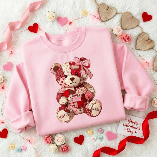 Patchwork Teddy Bear Valentine Sweatshirt, Cute Love Bear Sweater, Vintage Cozy Valentine Sweater