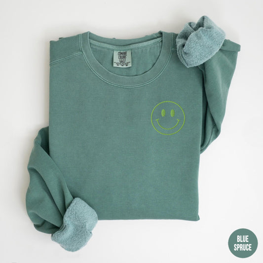 Embroidered Happy Face Comfort Colors Sweatshirt, Smile Embroidered Sweater, Embroidered Motivation Crewneck, Happy Face Sweatshirt