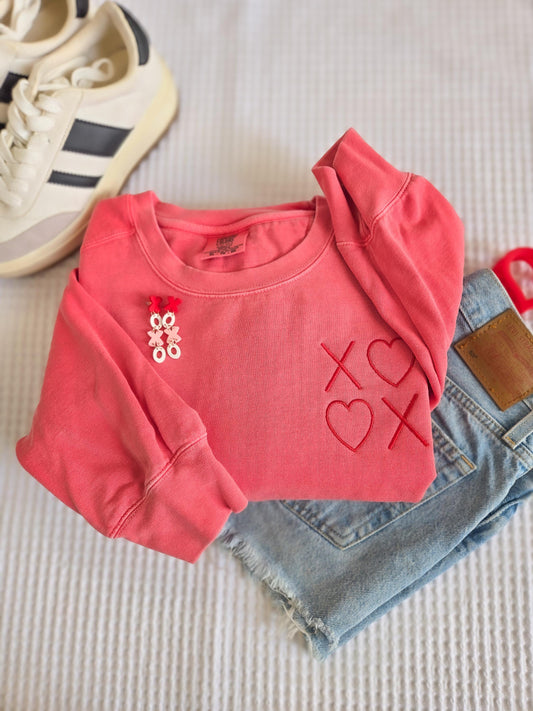 Valentines Day Comfort Colors Sweatshirt-XOXO Sweatshirt-Embroidered Sweatshirt-Custom Embroidered-Garment Dyed Sweatshirt-Crewneck